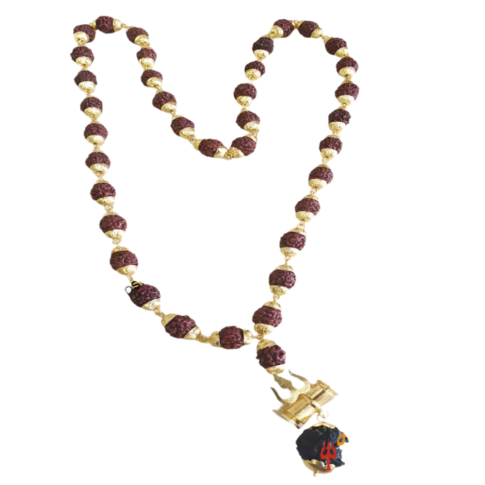 Rudraksha Mala in Brass Capping with 5 Mukhi Tri-Shakti Pendant