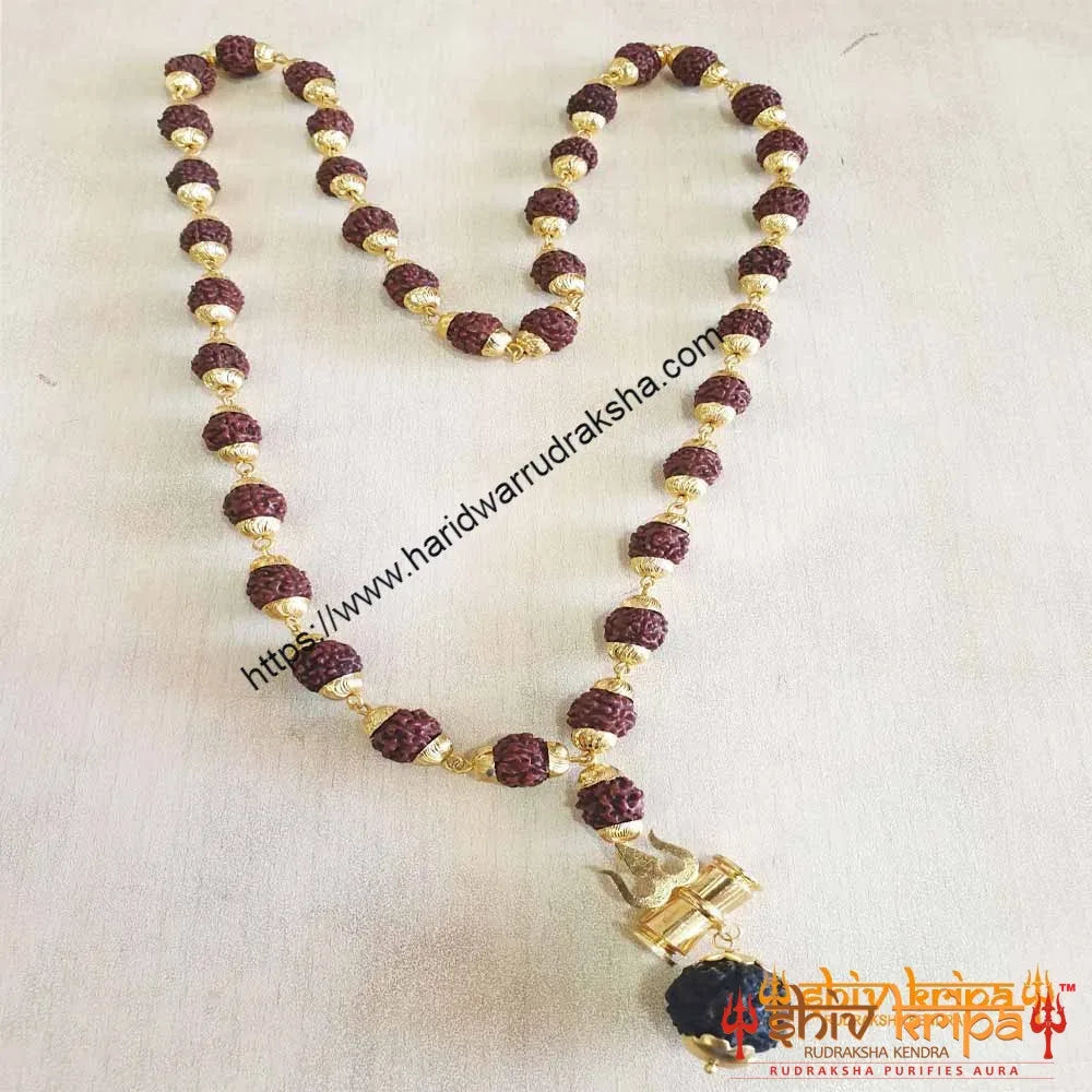 Rudraksha Mala in Brass Capping with 5 Mukhi Tri-Shakti Pendant