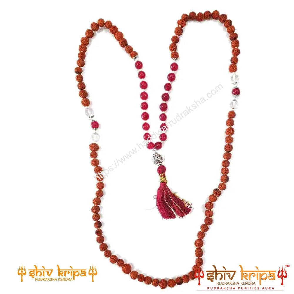 Rudraksha Mala with Red Onyx and Sphatik